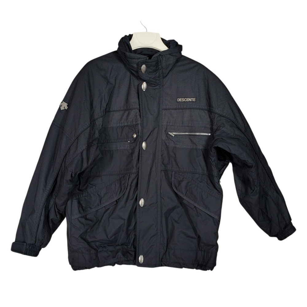Descente Ski Jacket‎ Mens L Black Insulated Snow Coat Zip Snap Performance Nylon